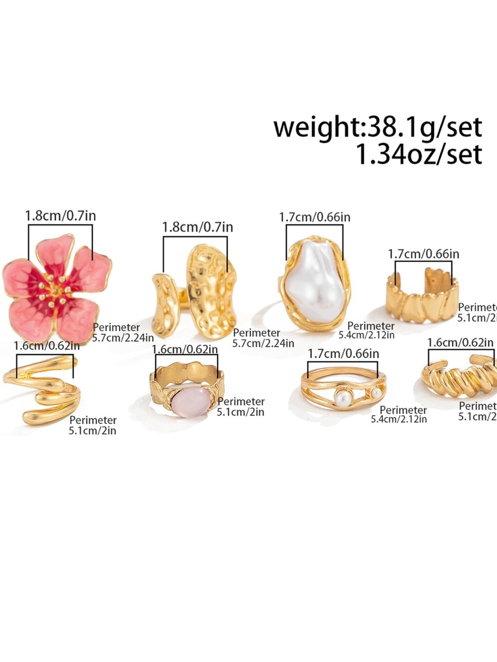 Anthropologie Gold & Pink Flower Statement Stackable Pearl Ring Set - Picture 4 of 5
